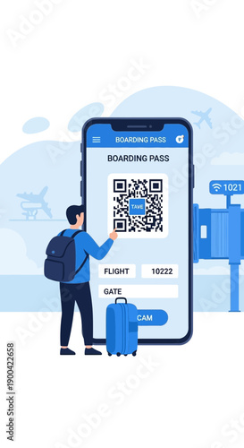 Digital Boarding Pass On Mobile Device With Traveler And Luggage