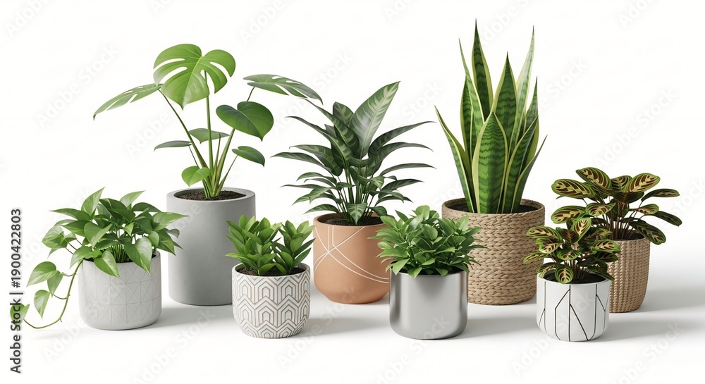 Fototapeta premium Six hanging plants in pots. Greenery includes ivy, ferns, and vines. Lush hanging plants add natural decor. Perfect for indoor or outdoor hanging plant displays. Isolated on white background.