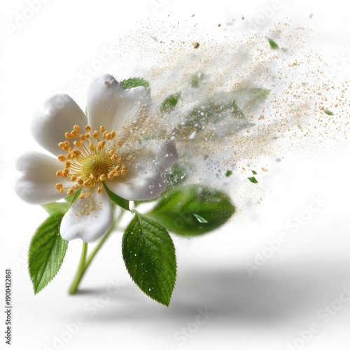 White flower exploding into particles against a soft blurred background creating a mesmerizing visual effect of nature's beauty