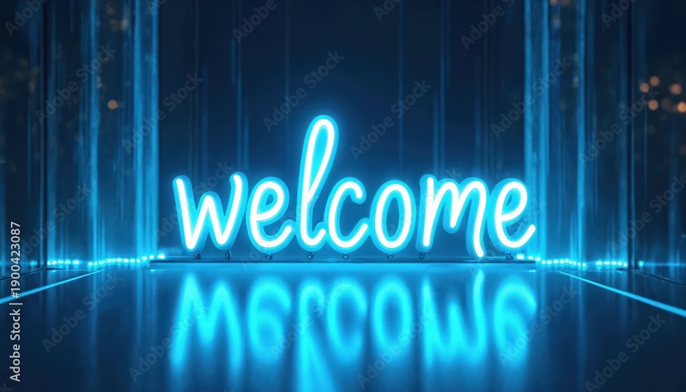 Obraz premium Bright blue neon sign says WELCOME. Light reflects on wet floor in modern entryway. Offers inviting greeting for guests. Futuristic hospitality.