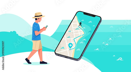 Digital Navigation Adventure A Man Uses A Smartphone For Location Tracking And Travel Planning