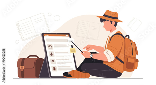 Digital Nomad Planning Travel Itinerary On Tablet Device With Backpack
