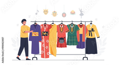 Diverse Cultural Attire Displayed On Rack With Person