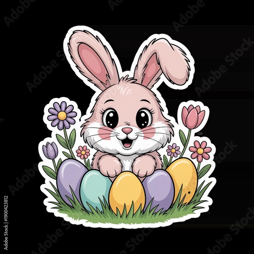 Cute bunny surrounded by colorful eggs and flowers, perfect for Easter celebrations and spring themes.