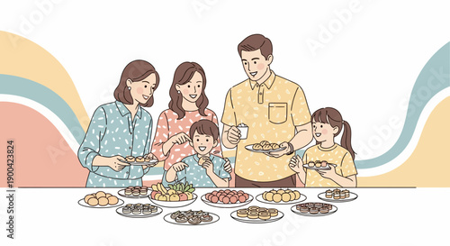 Diverse Family Enjoying A Feast Of Assorted Appetizers And Desserts