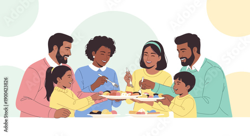 Diverse Family Enjoying A Meal Together With Food Shared On Plates