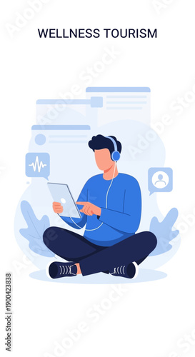 Digital Wellness Retreat Person Meditating With Tablet Listening Music
