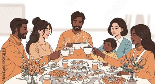 Diverse Family Enjoys a Festive Brunch Gathering Sharing Warm Beverages And Delicious Treats