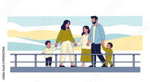 Diverse Family Strolling Together On A Scenic Promenade With A Gentle Horizon