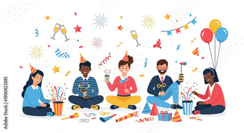Diverse Friends Celebrating Joyful Party Together With Confetti And Balloons