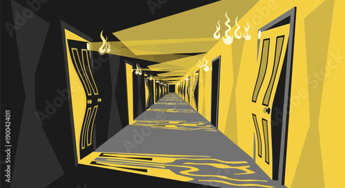 Distorted Hallway With Doors And Flickering Flames Minimalist Design