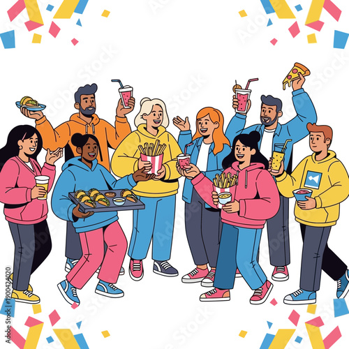 Diverse Group Enjoys Festive Gathering With Snacks and Drinks