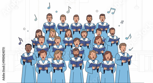 Diverse Choir Performing Music In A Sanctuary With Notes Floating