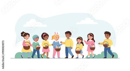 Diverse Children Participating In An Easter Egg Hunt Celebration Outdoors