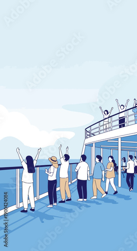 Diverse Group Of People Celebrating On A Cruise Ship Deck