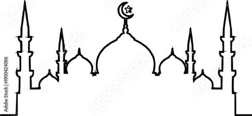 A black line drawing of a mosque, described as a powerful symbol of Islamic architecture and culture.