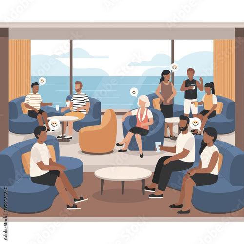 Diverse People Relaxing In Modern Lounge Area Enjoying Refreshments And Conversation