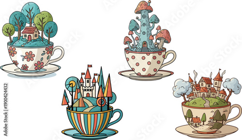 Whimsical fantasy teacup worlds illustration set, with fairy tale houses, magical trees, castles and mushroom village scenes isolated on white background for creative design