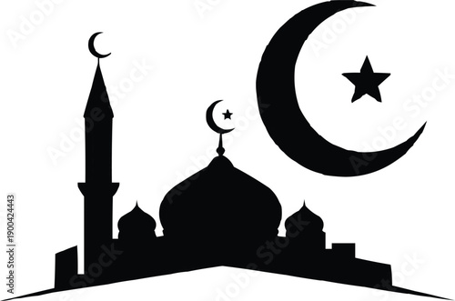 described is a black silhouette of a mosque, which is a significant architectural and cultural symbol in Islam