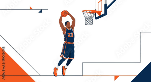 Dynamic Basketball Player Executes Slam Dunk Mid-Air