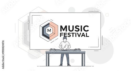 Dynamic DJ Performing At A Vibrant Music Festival Stage With Modern Graphics