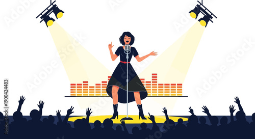 Dynamic Female Performer Captivating Audience Under Stage Lights With Sound Wave Visuals