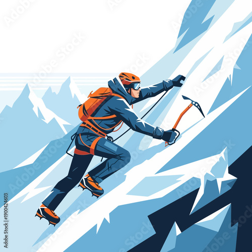 Dynamic Mountain Climber Ascends Icy Peak With Ice Axes