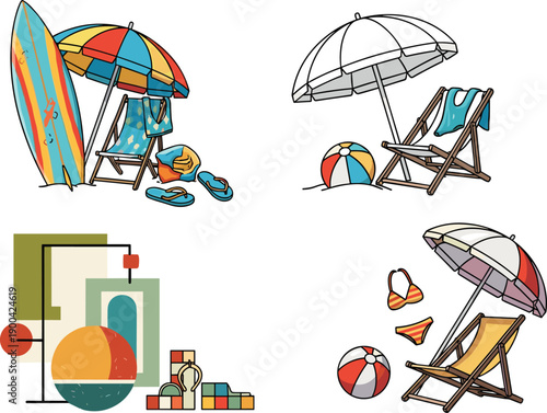 Summer beach vacation vector set, with surfboard, umbrella, deck chair, bikini, ball and seaside travel elements isolated on white background for design