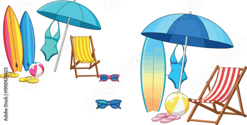 Summer beach vacation illustration set, with surfboards, umbrella, deck chair, swimsuit, sunglasses and seaside travel elements isolated on white background for design