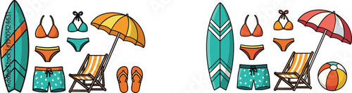 Summer beach accessories vector set, with surfboard, swimsuit, umbrella, deck chair, flip flops and seaside vacation elements isolated on white background for design