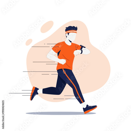 Dynamic Man Running Smartwatch Athlete Motion Vector Illustration