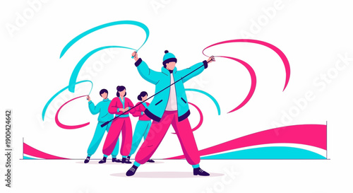 Dynamic Ribbon Dancing Performance Group With Energetic Moves