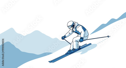 Dynamic Skier Navigating Snowy Mountain Slopes In A Bold Outline Style