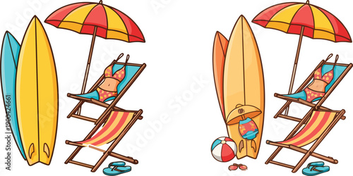 Summer beach vacation illustration set, with surfboards, deck chair, umbrella, bikini and tropical seaside elements isolated on white background for travel design