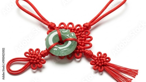 Vibrant jade pendant on red cord with intricate knotwork details