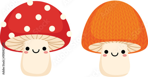 Cute red and orange mushroom characters, kawaii toadstool faces, adorable cartoon illustration, playful fantasy style, nursery art, digital design isolated