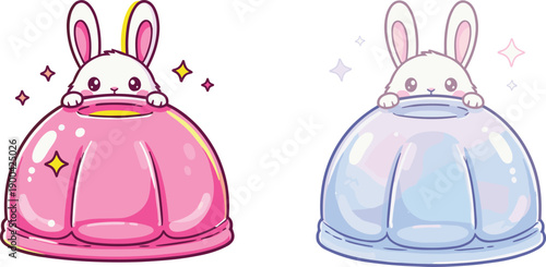 Cute bunny jelly dessert characters, kawaii rabbit hiding inside gelatin pudding, adorable cartoon illustration, pastel fantasy style, digital art isolated
