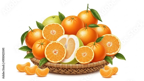 Fresh oranges and green apples in a woven basket