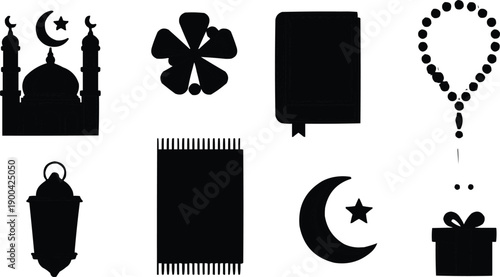 This collection of graphics highlights important aspects of Islamic culture, and community values, all presented in a coherent and visually appealing manner. The black color against the white backgrou
