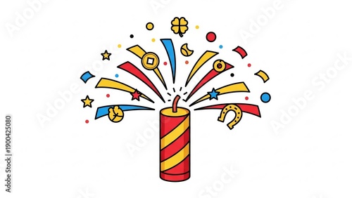 Vibrant firework exploding with colorful confetti and stars