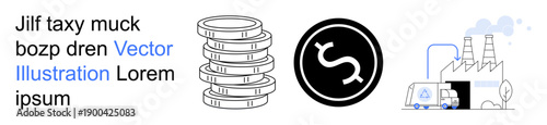 Business growth, industrial economy, currency operations, financial exchange, manufacturing, logistics. Stack of coins, currency symbol factory building with production setup. Business growth