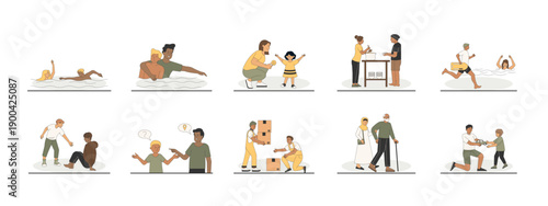 Set of 10 helping people illustrations packs. Flat vector concepts.