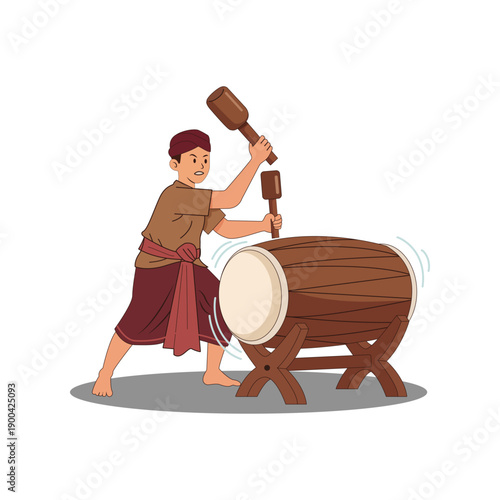 Traditional drummer illustration of a man playing a large drum with a mallet. Perfect for cultural events, music performance, heritage themes, festival design, education, and traditional art concepts.