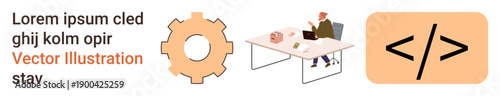 Software development, programming, project management, workflow, coding process, technology. Gear symbol, person at desk coding icon. Software development and programming concept