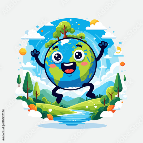 Cute cartoon boy and girl holding a globe with funny animals and sea creatures