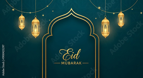 Elegant Islamic Eid Mubarak greeting with traditional lanterns and archway in teal and gold, perfect for festive celebrations and religious wishes