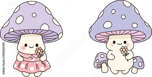 Cute pastel mushroom characters holding flowers, kawaii fairy tale toadstool friends, adorable cartoon illustration, fantasy nature, digital art isolated