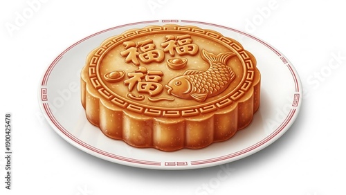 Traditional Chinese mooncake on decorative plate with fish design