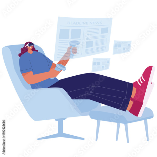 Virtual Reality Illustration. Vector illustration of Person relaxing while reading digital news in virtual reality environment with futuristic media experience. Isolated on background