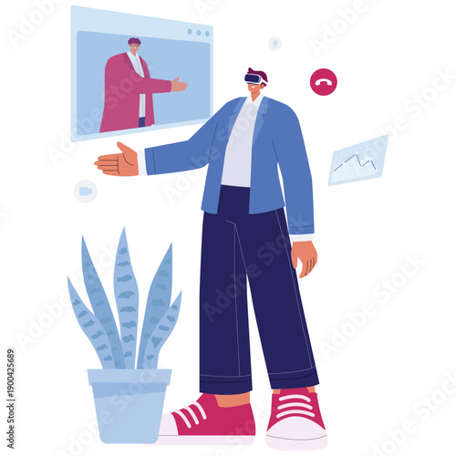 Virtual Reality Illustration. Vector illustration of Businessman using virtual reality for online meeting and communication with immersive remote collaboration. Isolated on background